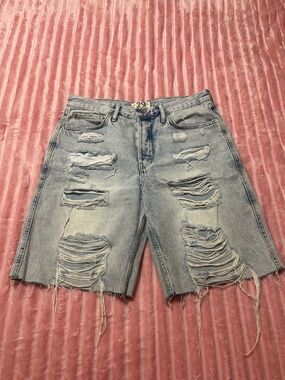 Free People Light Blue Distressed Denim Bermuda Shorts